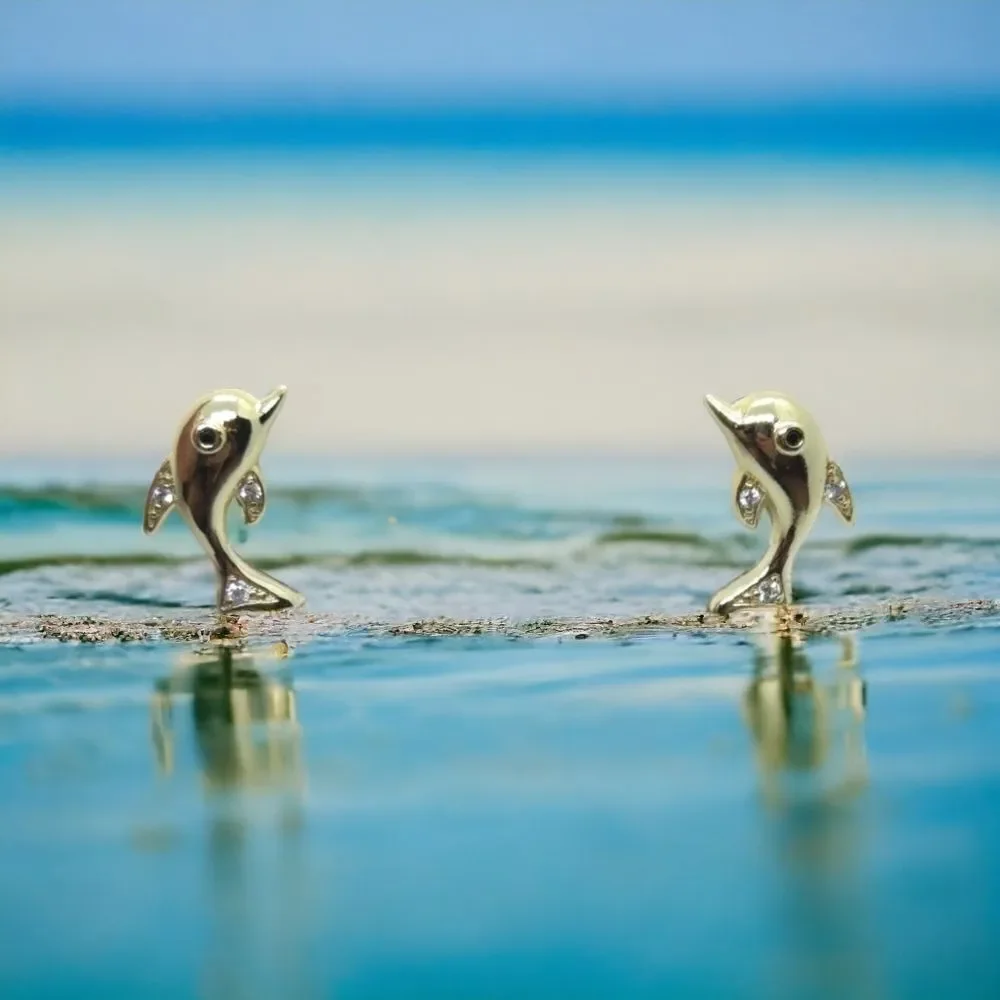 Dolphin Stud Earrings 14K Gold Plated CZ Sea World Nautical Ocean Marine Jewelry